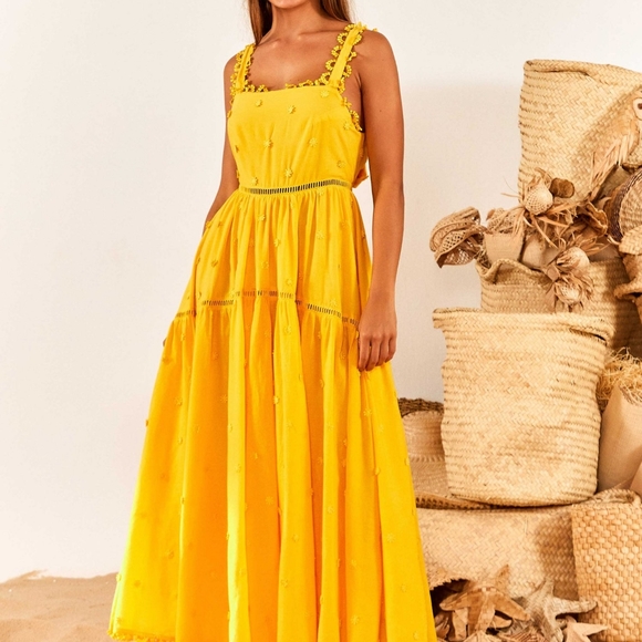 FARM RIO Yellow 3D Flowers Midi Dress Size L BNWT NO LOW balling!!! - Picture 7 of 14